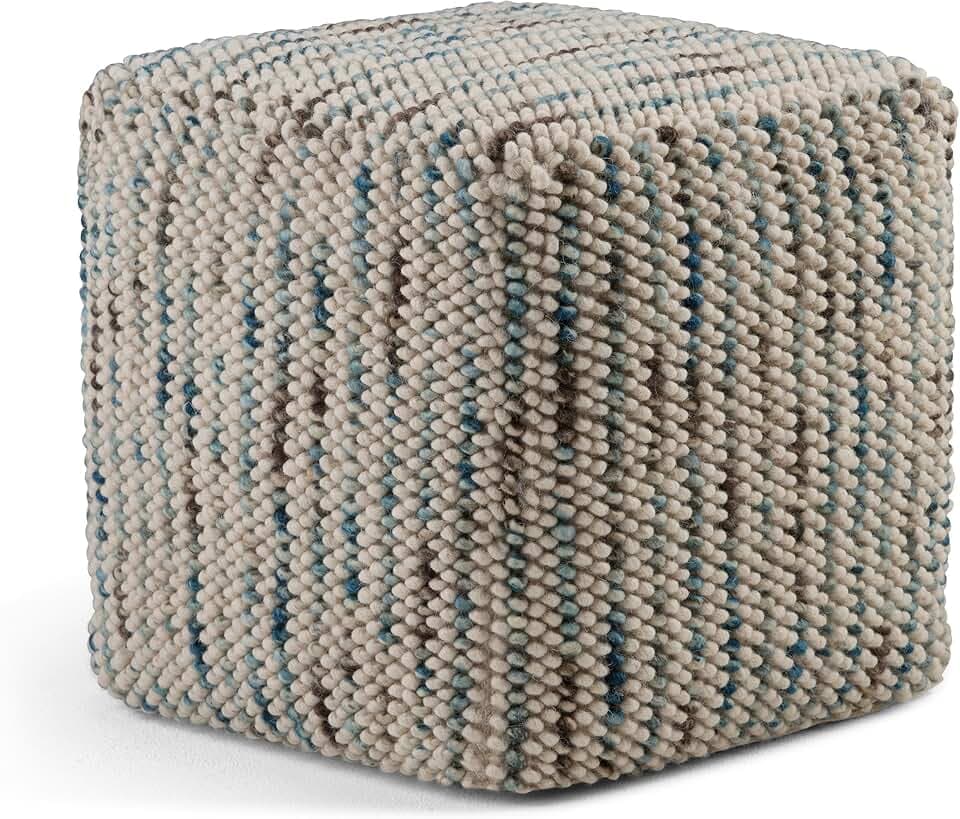 SIMPLIHOME Zoey 18" Wide Cube Pouf in Multi-Beige Wool and Cotton