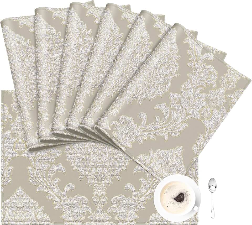 Loom and Mill Luxury Damask Jacquard Placemats Set of 6, Beige, 12x18 in
