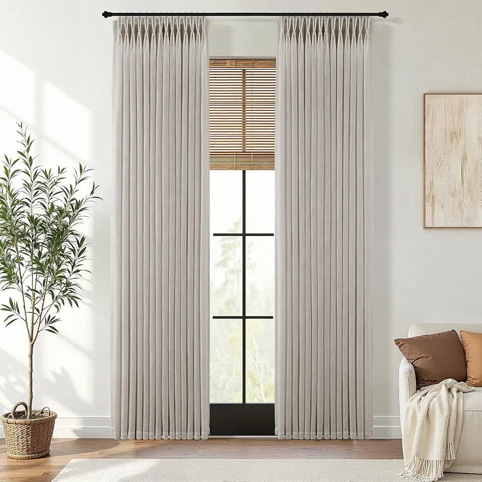 Taupe Linen Pinch Pleated Curtains 84 Inch Length 2 Panels Semi Sheer
