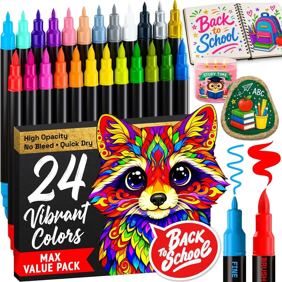 Artistro 24 Acrylstifte Dual-Tip Brush+Fein für Stein, Stoff, Holz & Glas