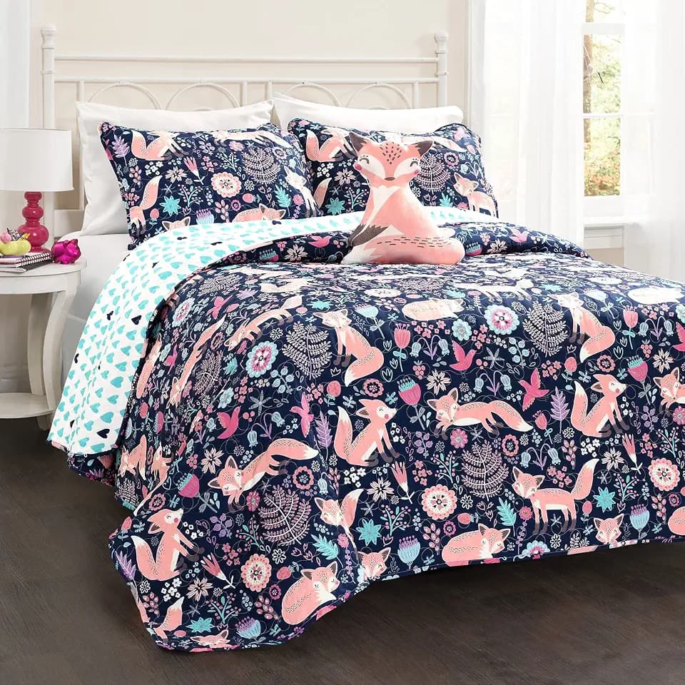 Lush Decor Pixie Fox Reversible Quilt Set, 4 Piece Set, Full/Queen, Navy & Pink - Fun Lightweight Twin Bedding for Kids - Girls Pink Bedroom Decor