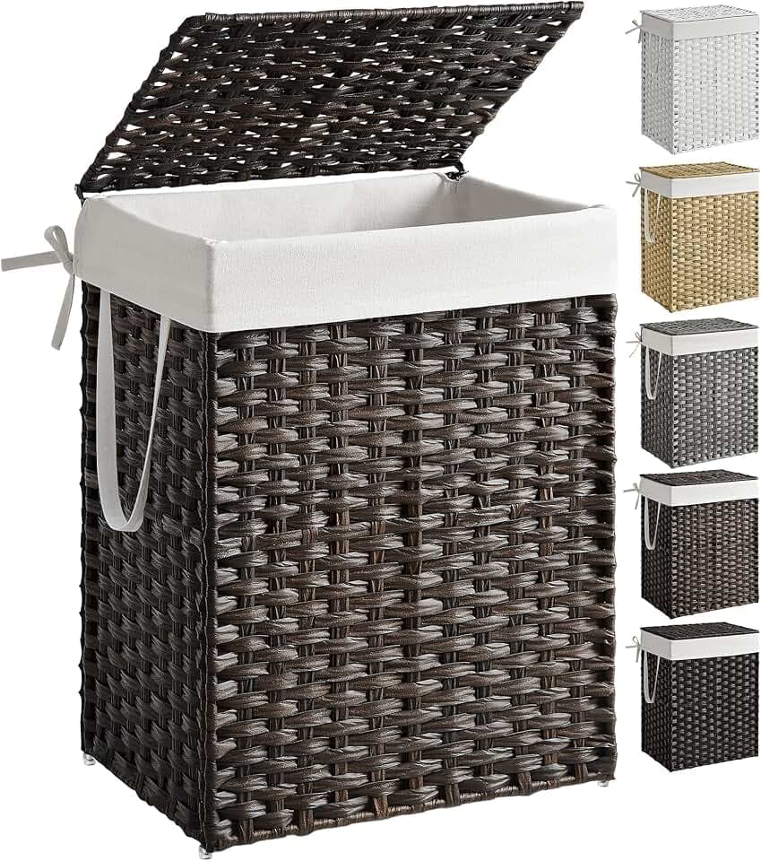 SONGMICS Laundry Hamper with Lid, 23.8 Gallon (90 L) Synthetic Rattan Clothes Laundry Basket with Lid and Handles, Foldable, Removable Liner, Chestnut Brown ULCB051K02
