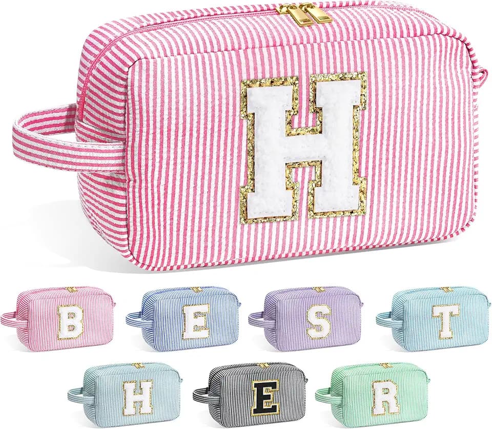 YOOLIFE Initial Makeup Bag for Women - Monogram Cute Makeup Bag Cosmetic Case Toiletry Pouch for Women Her Best Friend Sister Teacher, Personalized Birthday Gifts for Women, Pink H