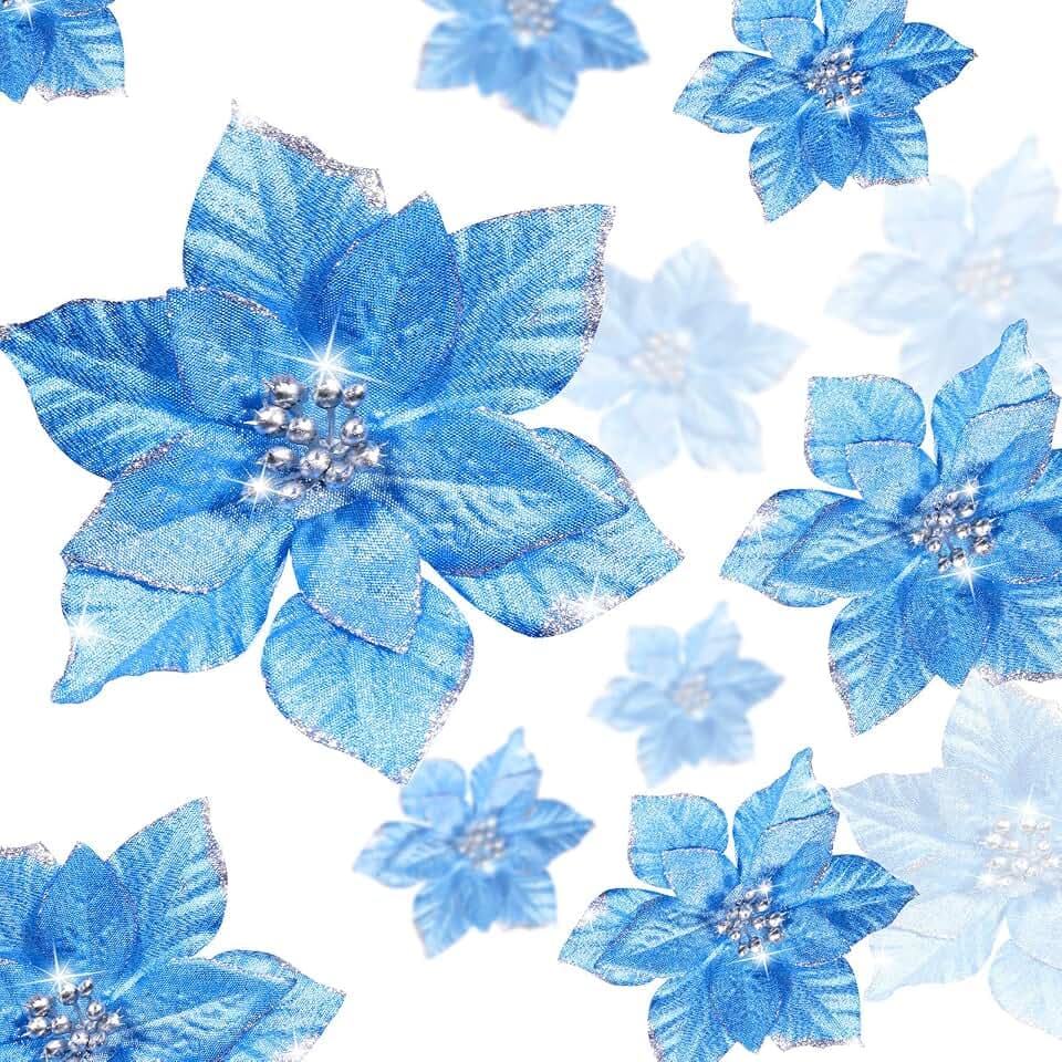 WILLBOND 24 Stück 3 Größen Weihnachten Glitzer Weihnachtsstern Blumen Hochzeit Kunstblumen Weihnachtsdekoration Ornamente für Weihnachtsbaum Neujahr Home Outdoor Dekoration (Blau, 8,1/10,2/15,2 cm)