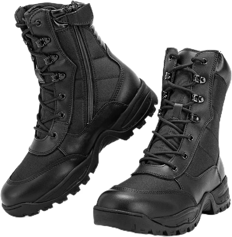 Mens 8-Inch Tactical Boots, Lightweight Military Combat Boots with Side Zipper, Comfort Anti-Slip Patrol Shoes for Hiking, Motorcycle Riding, Light Work