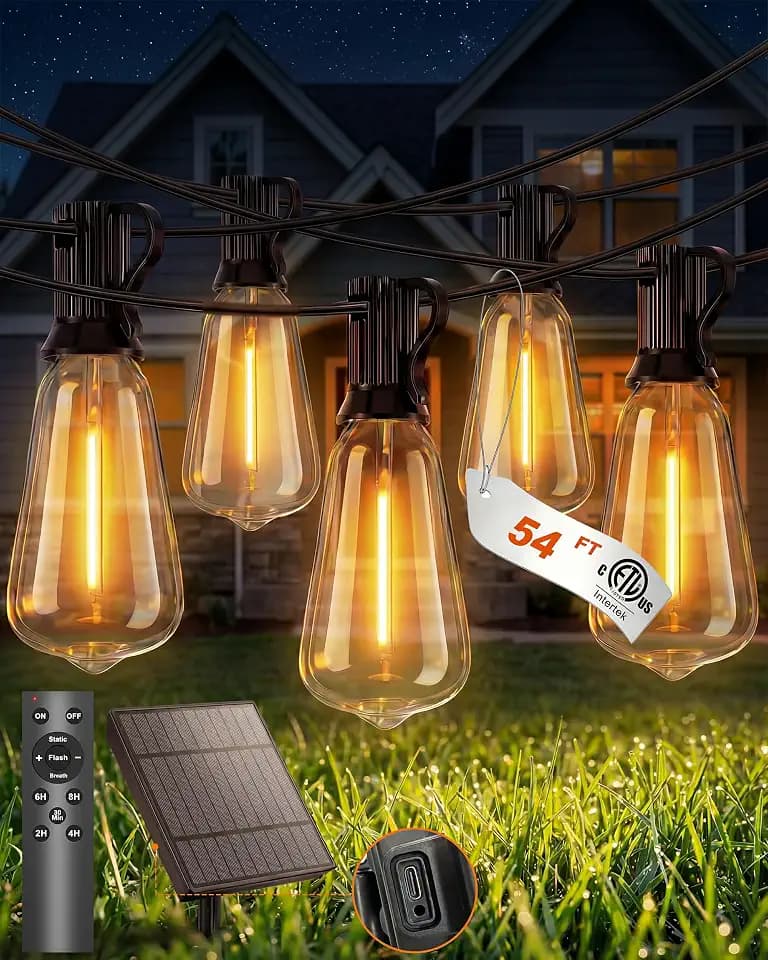 Solar String Lights Outdoor Waterproof, 54FT Patio Lights Solar Powered with Remote & USB, 10 Brightness Levels & Timer, 3 Light Modes, 15+1 ST38 LED Shatterproof Bulbs for Backyard, Camping