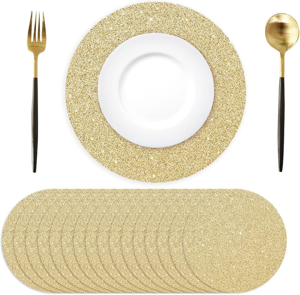 50PCS Light Gold Paper Placemats Disposable 13.4 Inch Shiny Golden Place Mats Round Decorative Glitter Table Mats for Birthday Wedding Holiday Party Decor Sparkle Dining Tableware