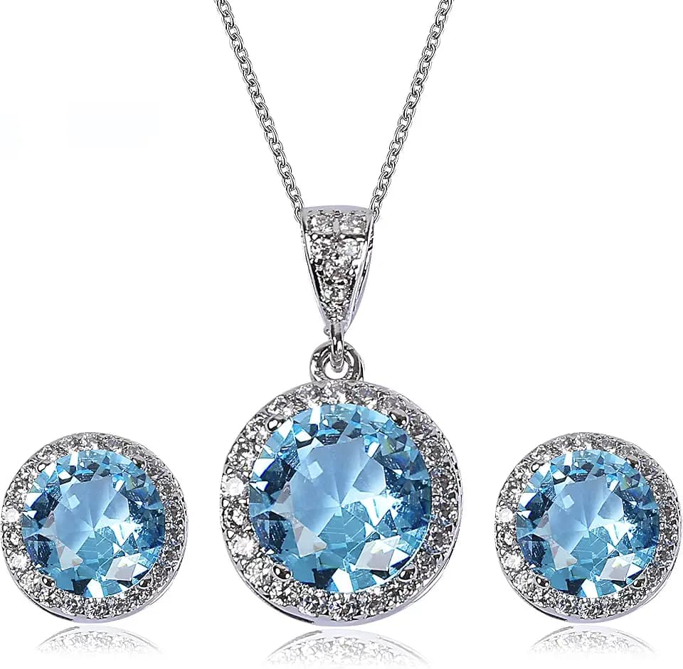 AMYJANE Halo Crystal Jewelry Set - Sterling Silver Round Cubic Zirconia Crystal Bridal Pendant Necklace Earrings Set for Wedding Bride Bridesmaids
