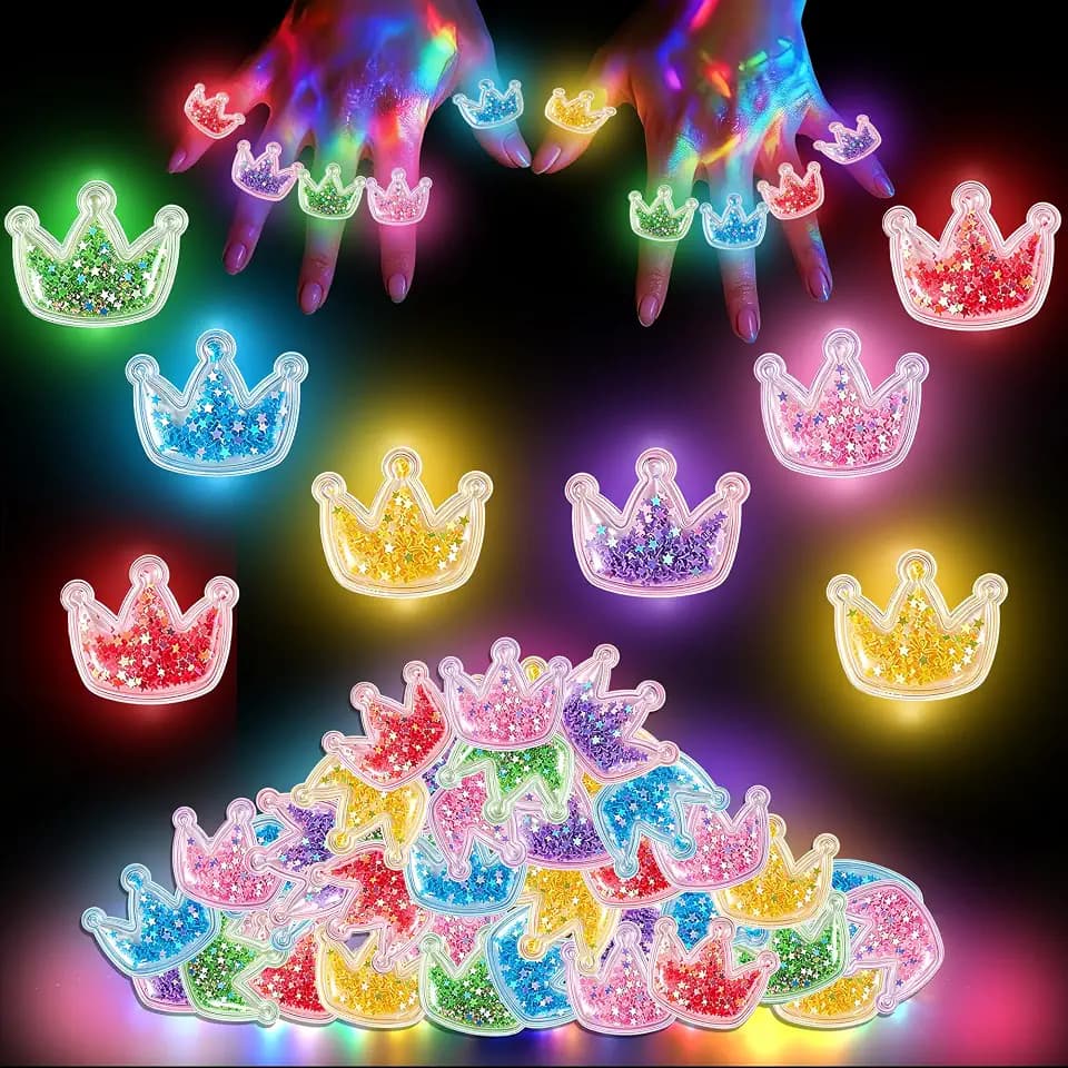 24Pcs Princess Party Favors Glitter Crown Birthday LED Light Up Rings