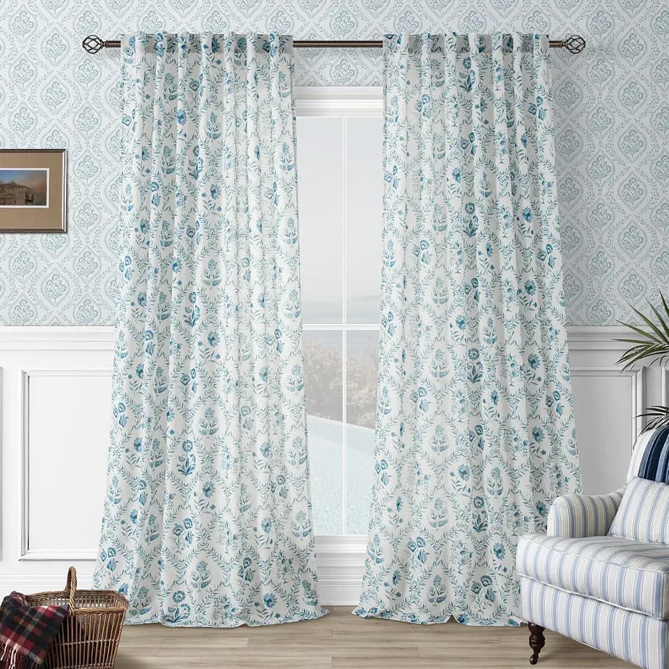 Blue Floral 102 Inch Linen Curtains Back Tab Farmhouse Living Dining Room