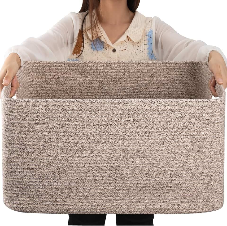 OIAHOMY 75L Large Blanket Basket Woven Cotton Rope Storage Basket Brown