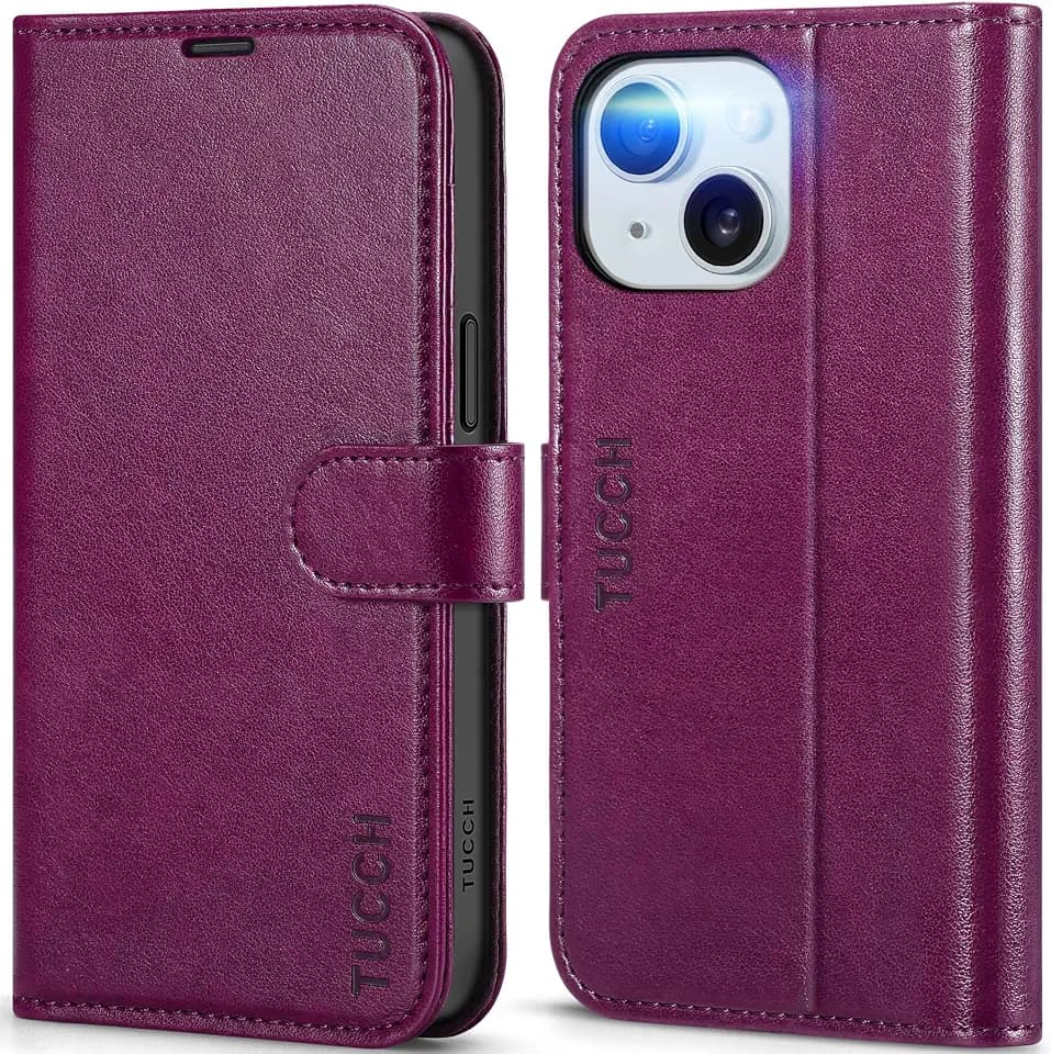 TUCCH Wallet Case for iPhone 15 (6.1") 2023, 4 Card Slots, Plum Purple