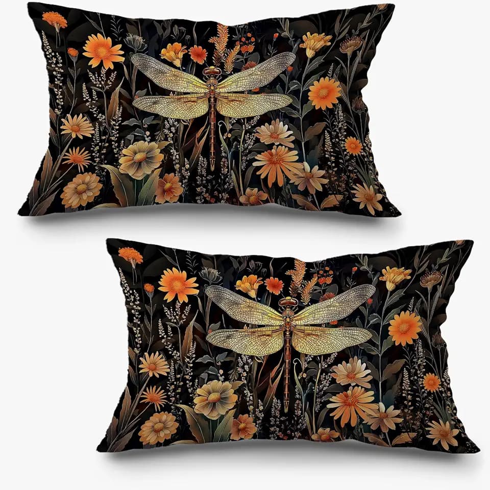 Vintage Moody Floral Dragonfly Pillow Covers 12x20 Set of 2, Dragonfly Decor, Dark Cottagecore Botanical Wildflower Insect Decorative Lumbar Pillow Covers for Home Bedroom Living Room
