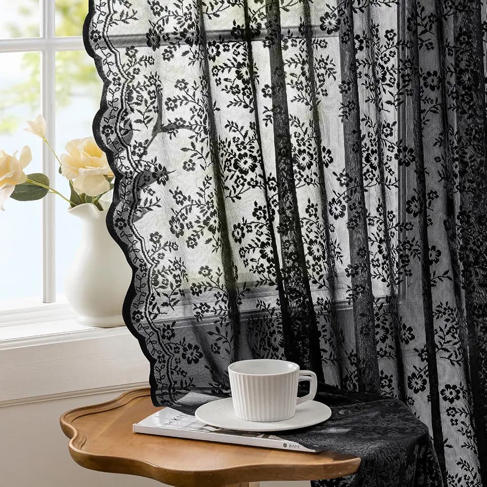 2 Panels Vintage Lace Curtains 63 Inches Long 52 x 63 Inch Black
