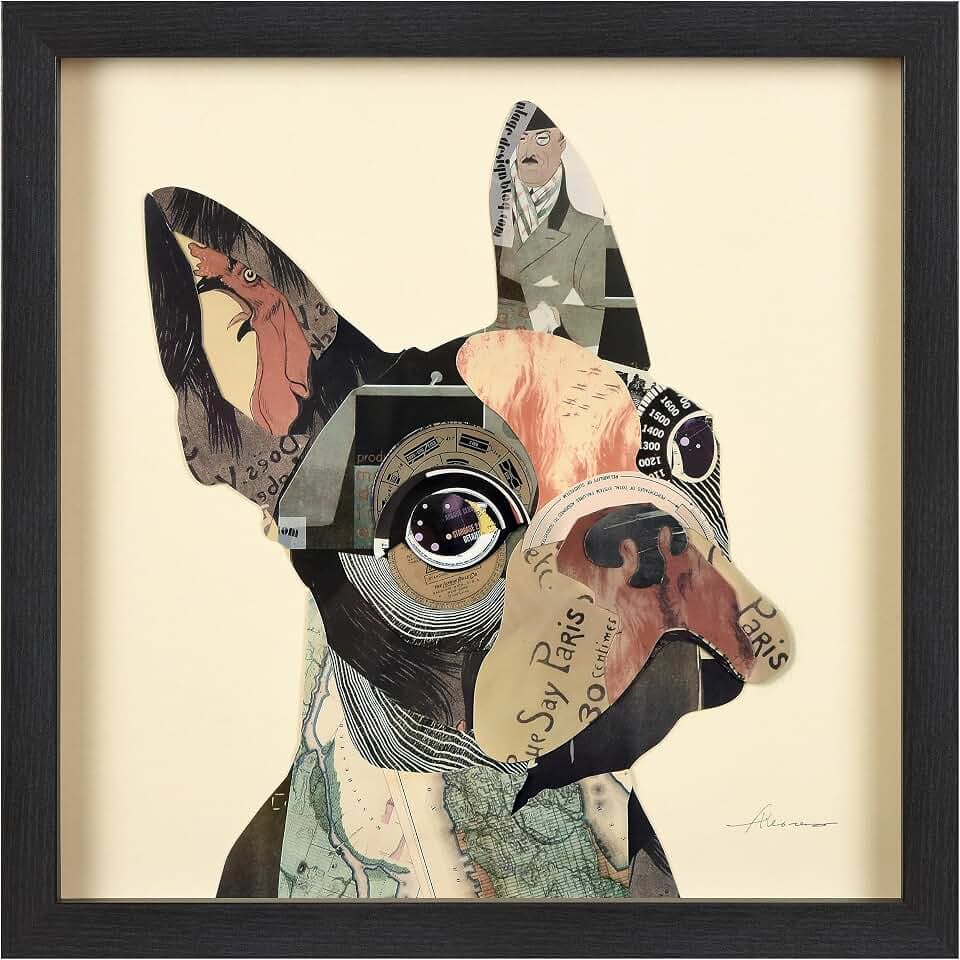 Empire Art Direct French Bulldog Dimensional Collage Framed Graphic Paper Under Glass Wall Art by Alex Zeng Ready to Hang, 17" x 17"