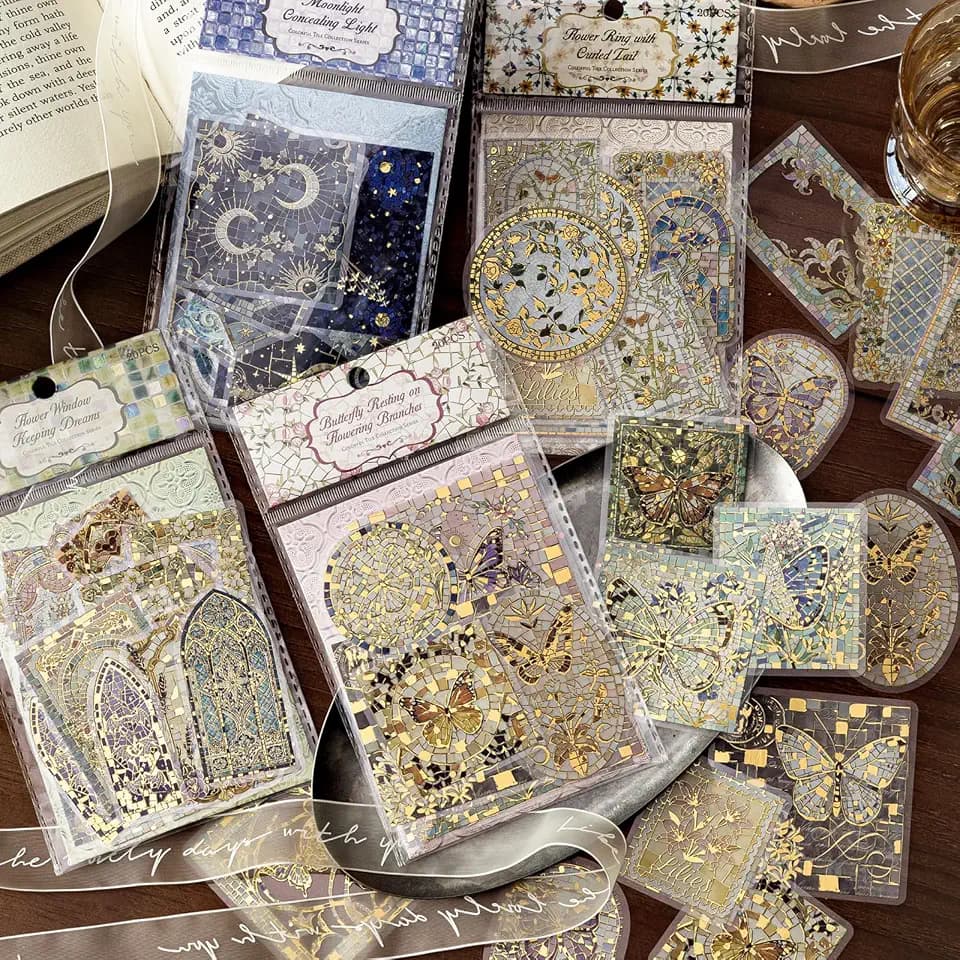 Scrapbook PET Floral Butterfly Window Moonlight Foiling Stickers 80pcs