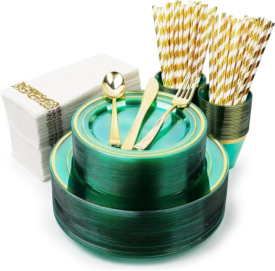400PCS Mint Green Plastic Plates for 50 Guests, Disposable Plates Heavy Duty,100 Fancy Plates, 150 Gold Silverware, 50 Cups, 50 Napkins, 50 Straws Wedding, St. Patrick's Day, Easter