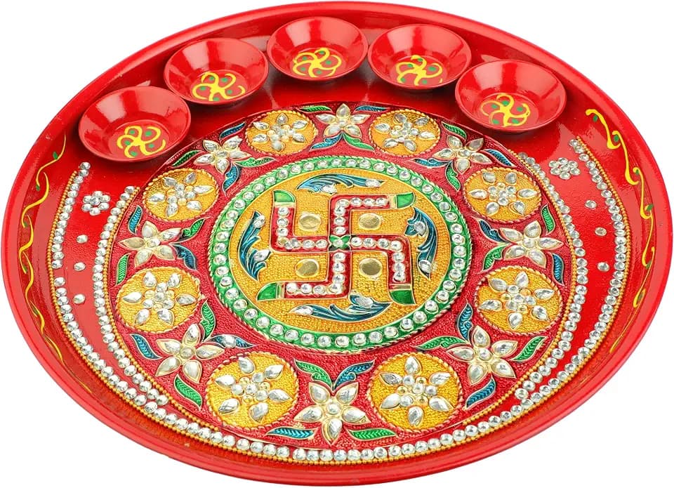 Decorative Pooja Thali with Bowls Swastic Design Plate Platter Steel Puja Thali Essential Pooja Articles for Aarti Rituals traditional Karwachauth Pooja Festival Wedding Decorations (Size- 10")(Red)