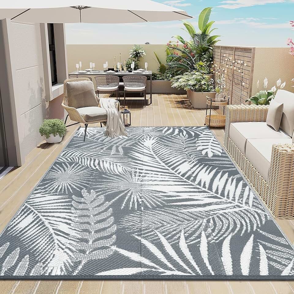 Enyhom Große Outdoor-Teppiche für den Garten, wasserdicht, 180 x 270 cm, wendbare Outdoor-Matten, Kunststoff-Strohteppich, tragbar, faltbar, Picknick, gewebter Teppich für Wohnmobil, Terrasse, Grau