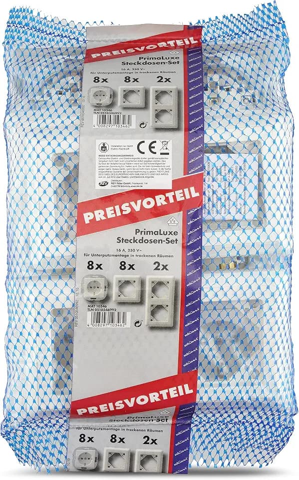 REV PrimaLuxe Set: 8x Steckdose + 8x 1-fach und 2x 2-fach Rahmen, weiß