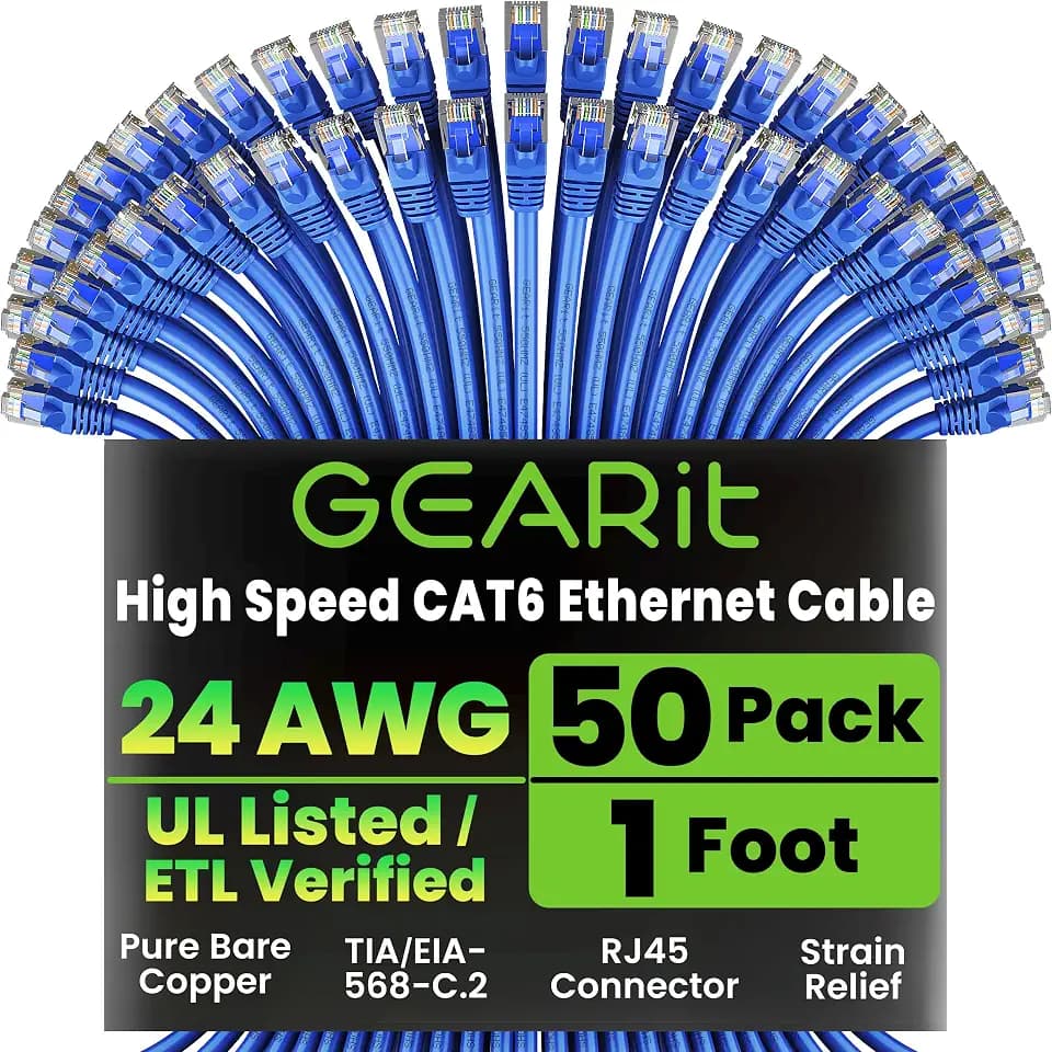 GEARit Cat6 Patch Cables Cat 6 Ethernet Cable 1 ft 50-Pack Blue