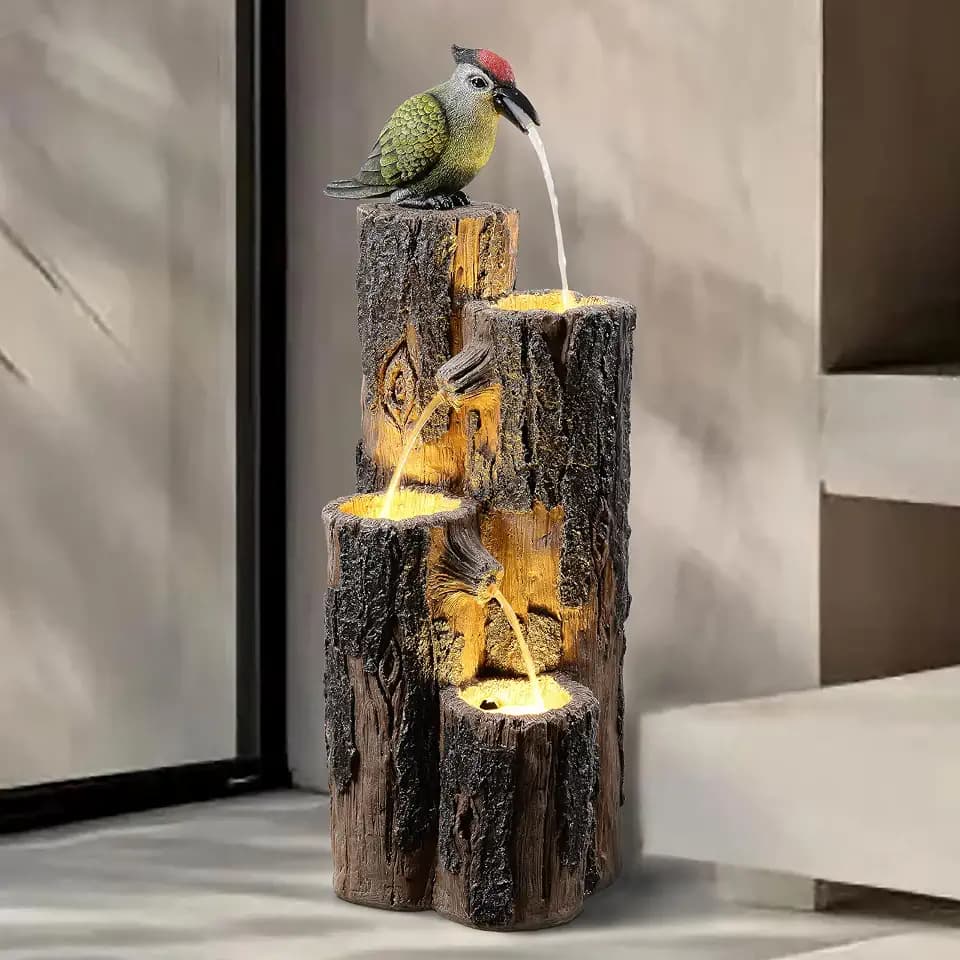 GOSSI Water Fountain Outdoor with Hummingbird, Cascading Waterfall Fountain, Rustic Log Design with LED Lights for Garden Decor