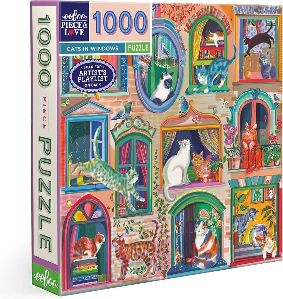 eeBoo Cats in Window 1000 Piece Square Jigsaw Puzzle, 23" x 23"