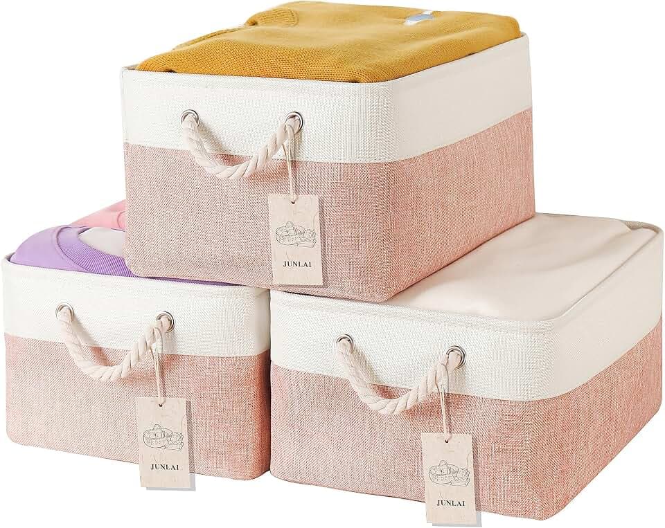3 Stück Aufbewahrungskorb Stoff mit Griffen, Faltbare Kleine Aufbewahrungsboxen, Kleiderschrank Aufbewahrungskörbe für Büro & Haus, Buch, Kleidung, Spielzeug (Rosa Weiß, Klein)