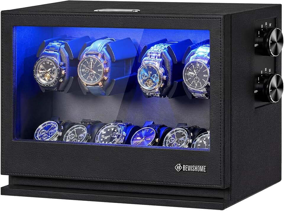 BEWISHOME 4 Watch Winders for Automatic Watches, 6 Display Case LED 4 Modes