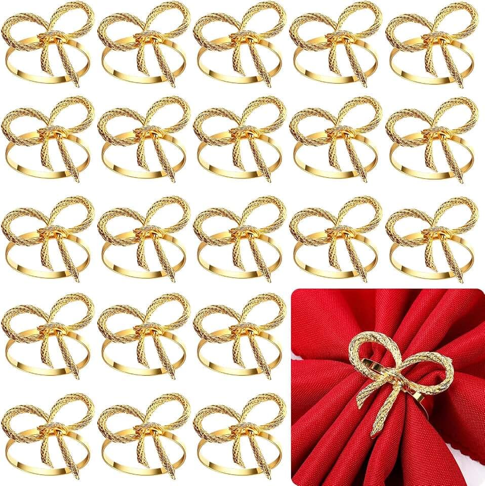 50 Pcs Gold Napkin Rings Bulk, Metal Napkin Holders Buckles, Bow Tie