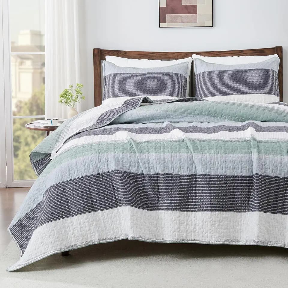 Andency Queen Quilt Bedding Set Sage Green, 3 Pieces Striped Bedspreads