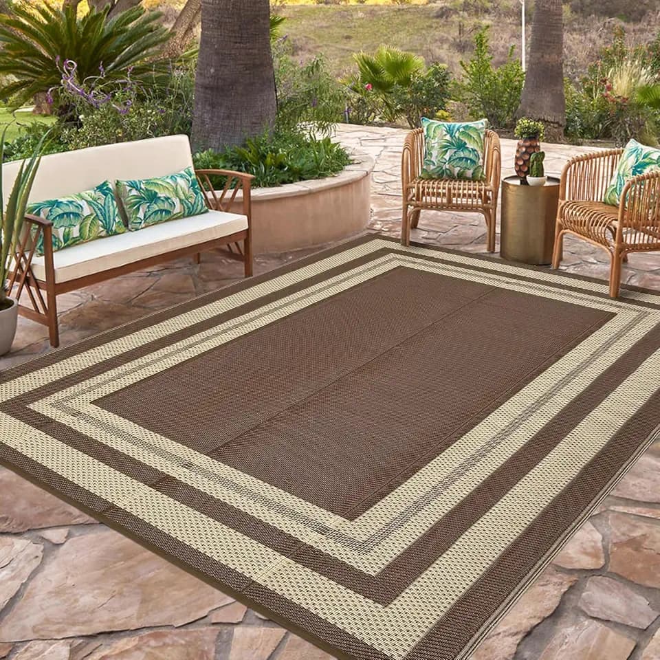 GarveeHome Outdoor Rug 9x12 Waterproof Patio Rug Reversible Plastic Straw Rugs Camping Mat Modern Geometric Portable Foldable Large Rugs for RV Porch Balcony Picnic Beach Backyard Coffee/Beige Panel