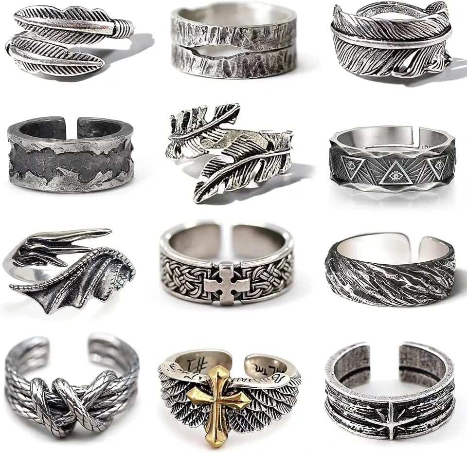 12 Pcs Vintage Silver Punk Rings for Men Adjustable Cool Gothic Emo Grunge Feather Wing Rings Vintage Open Ring Set