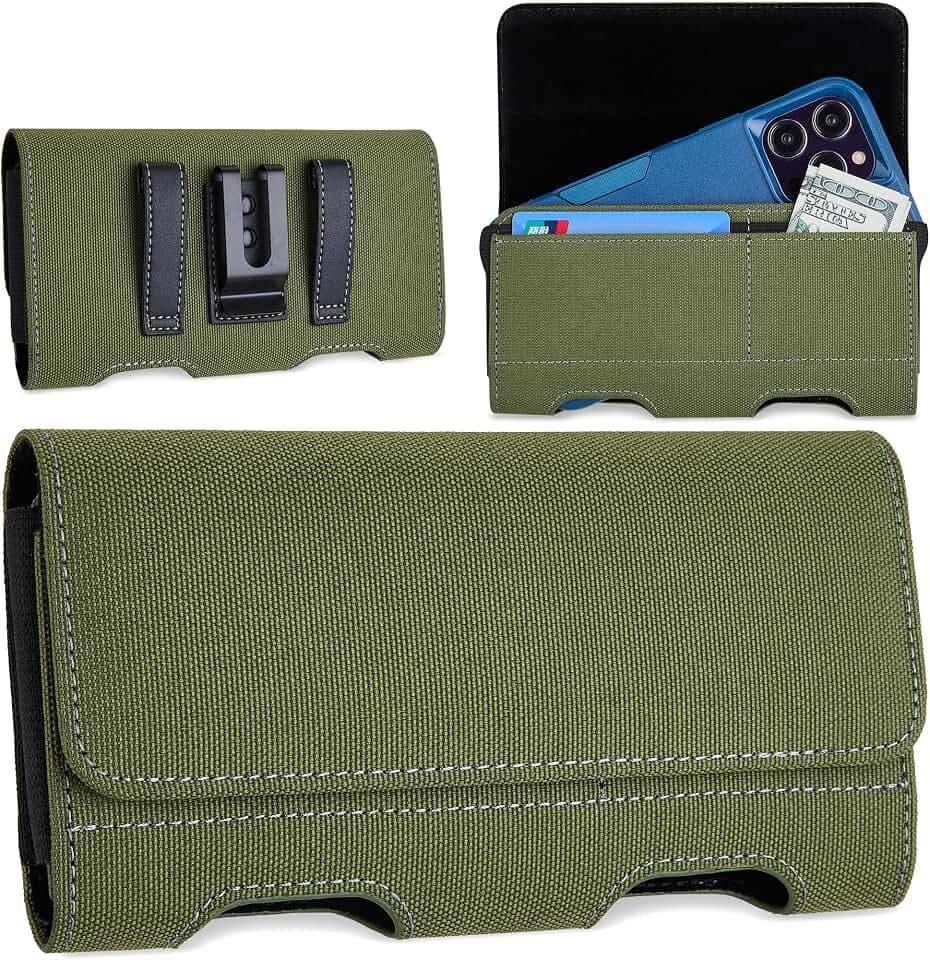 Mopaclle Nylon Phone Holster with Heavy Duty Metal Belt Clip and Card Holder, Compatible with Samsung Galaxy S26/S25/S24/S23/S22 Ultra, Note 20/10 Series, and A17/A17F/M17 Series - Green
