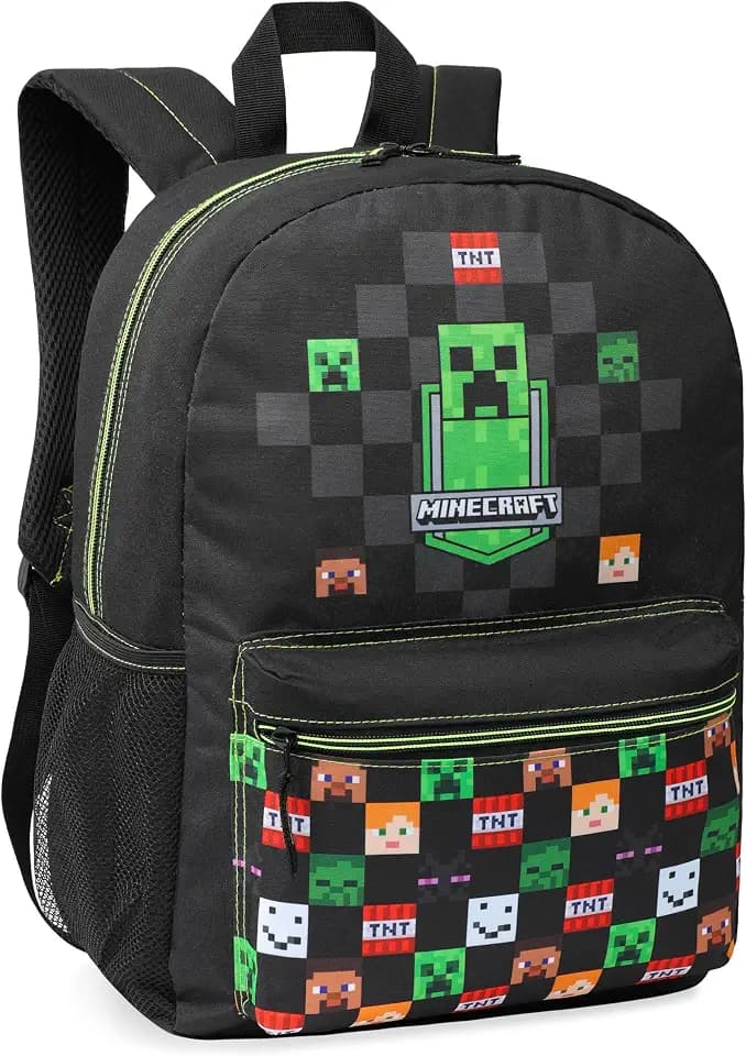 Minecraft Rucksack Jungen 46x32x16cm, Verstellbarer Reisetasche für Schule und Reise, Gepolsterte Schulrucksack mit Netztasche, Gaming Geschenke für Kinder (Schwarz)
