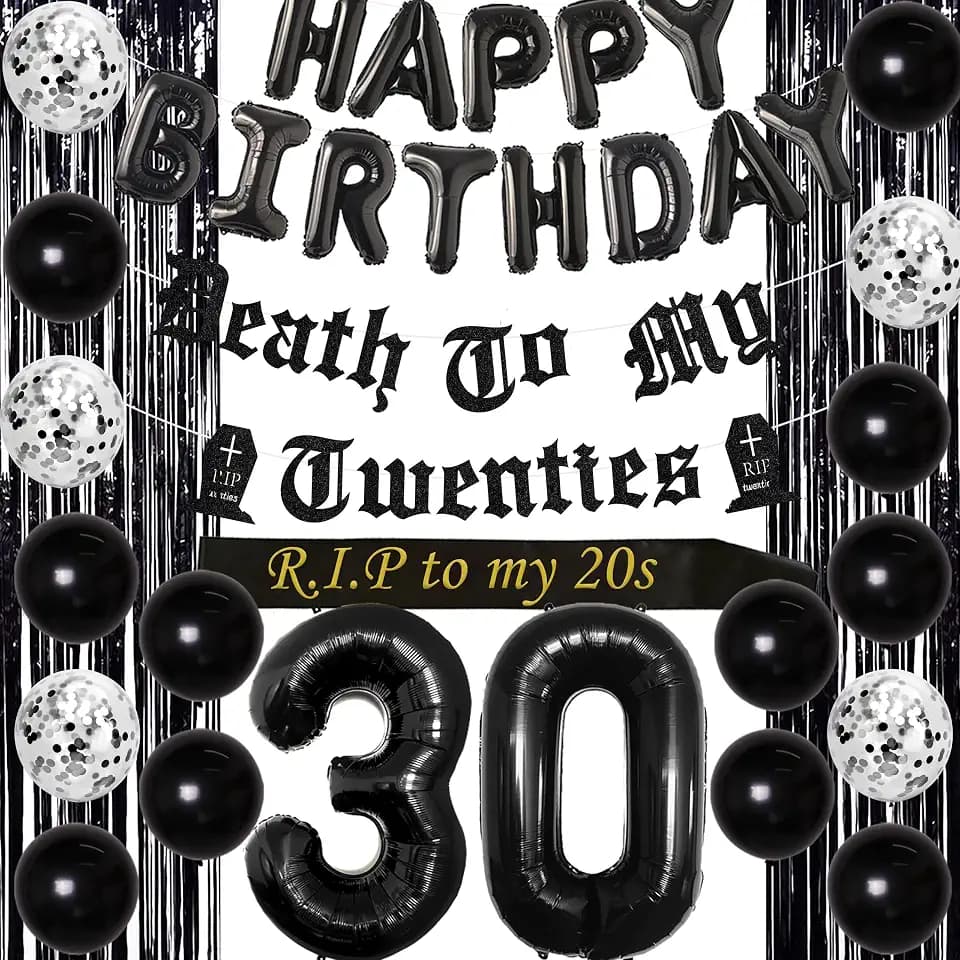30th Birthday Decorations for Him Her Black Death to My Twenties Banner Rip to My 20s Sash Number 30 Happy Birthday Balloon Banner Foil Curtain for Funny Thirtieth Party Supplies