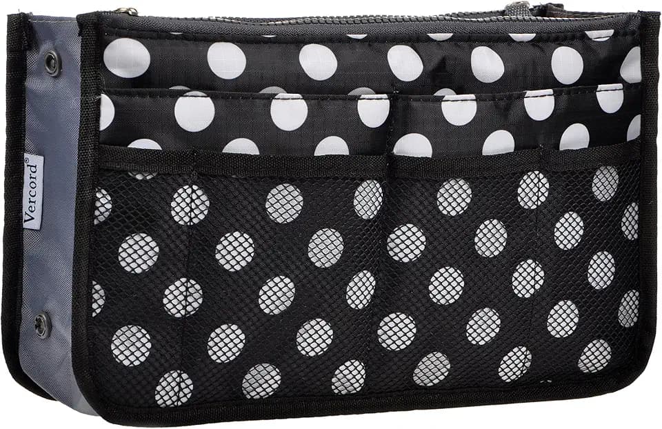 Vercord Purse Organizer Insert for Handbags Bag Organizers Inside Tote Pocketbook Women Nurse Nylon 13 Pockets Black Dot Medium