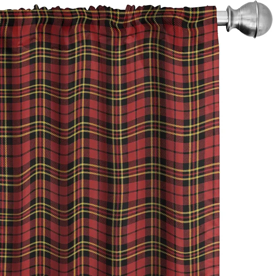 Lunarable Plaid Curtains, Classical Celtic Fashion Tartan Checks and Stripes Cultural Folk Inspiration, Window Treatments 2 Panel Set for Living Room Bedroom Decor, 56 Inch x 95 Inch, Red Black