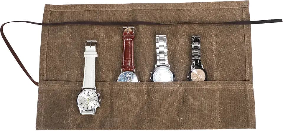 Waxed Canvas Watch Roll Handmade Waterproof Multi-Purpose Travel Case Watch Roll-up Organizer Holds 6 Wristwatches Best Gift for Him Her Boyfriend Girlfriend Mom Dad Wife & Husband HGJ03-I