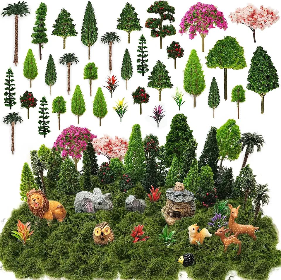 OrgMemory 45 Stück, Wald Tiere Figuren,Modellbäume, Tier Figuren, Plastik bäume für Projekte, Miniatur Bäume Diorama Modelleisenbahn Zubehör Miniaturbäume Diorama Hobby