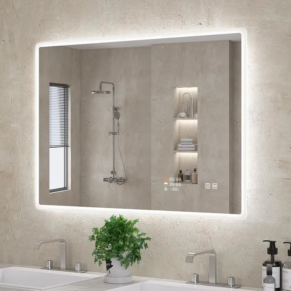 S'bagno 100×70cm badezimmerspiegel mit Beleuchtung，Uhrzeit, Datum, Wetter