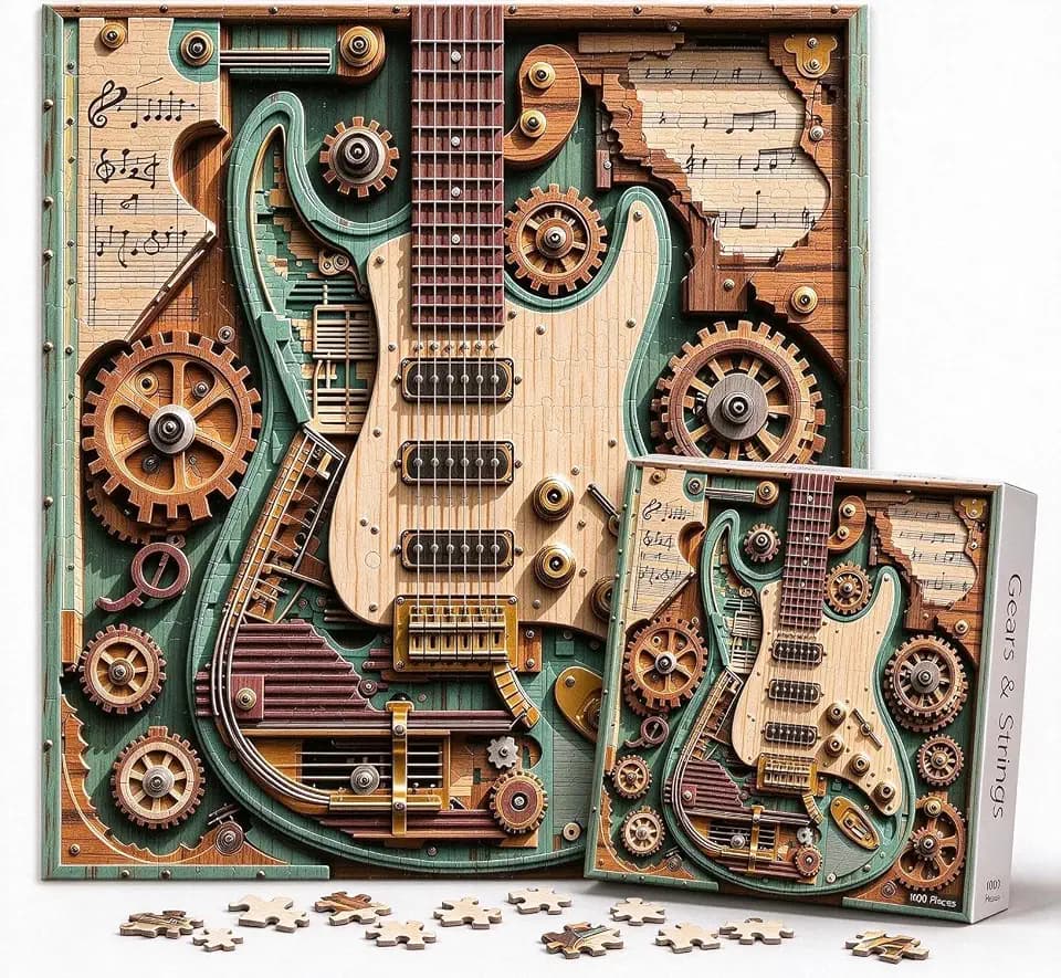 1000 Teile Puzzles für Erwachsene, Steampunk Gitarren Puzzle mit Zahnrädern und Saiten, 3D Holz Jigsaw Puzzle im Vintage-Punk -Stil – EIN Geschenk für Musikliebhaber und als Wohnaccessoire