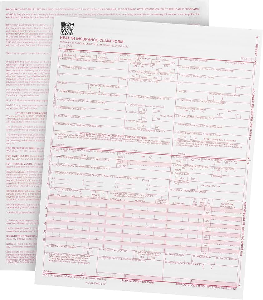 Blue Summit Supplies 1000 CMS 1500 Claim Forms, HIPAA Compliant, Laser