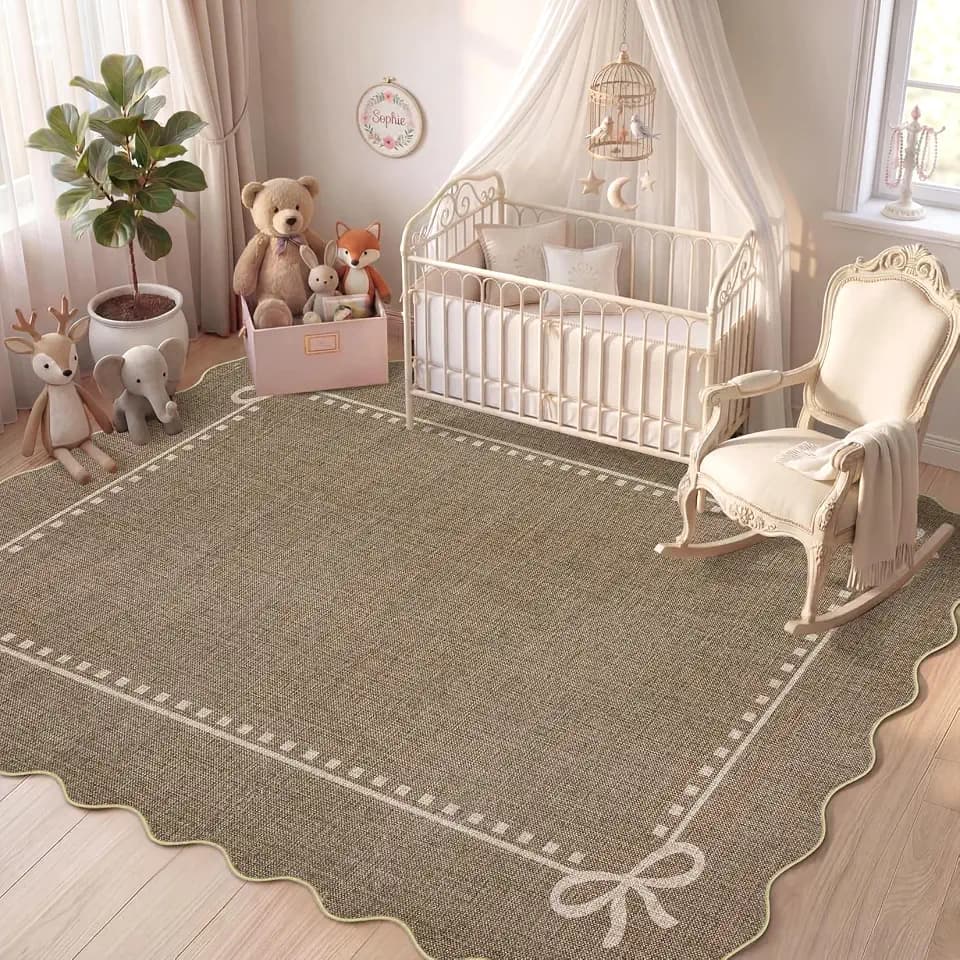 Garvee Scalloped Bow Rug Brown Washable Solid 3x5 Area Rugs for Living Room