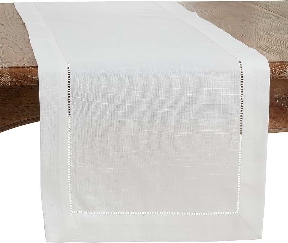 SARO LIFESTYLE Classic Hemstitch Table Runner - Elegant Everyday Table Runner with Textured Fabric and Hemstitched Border for Dining Tables and Formal Entertaining, 16"x54", Ivory