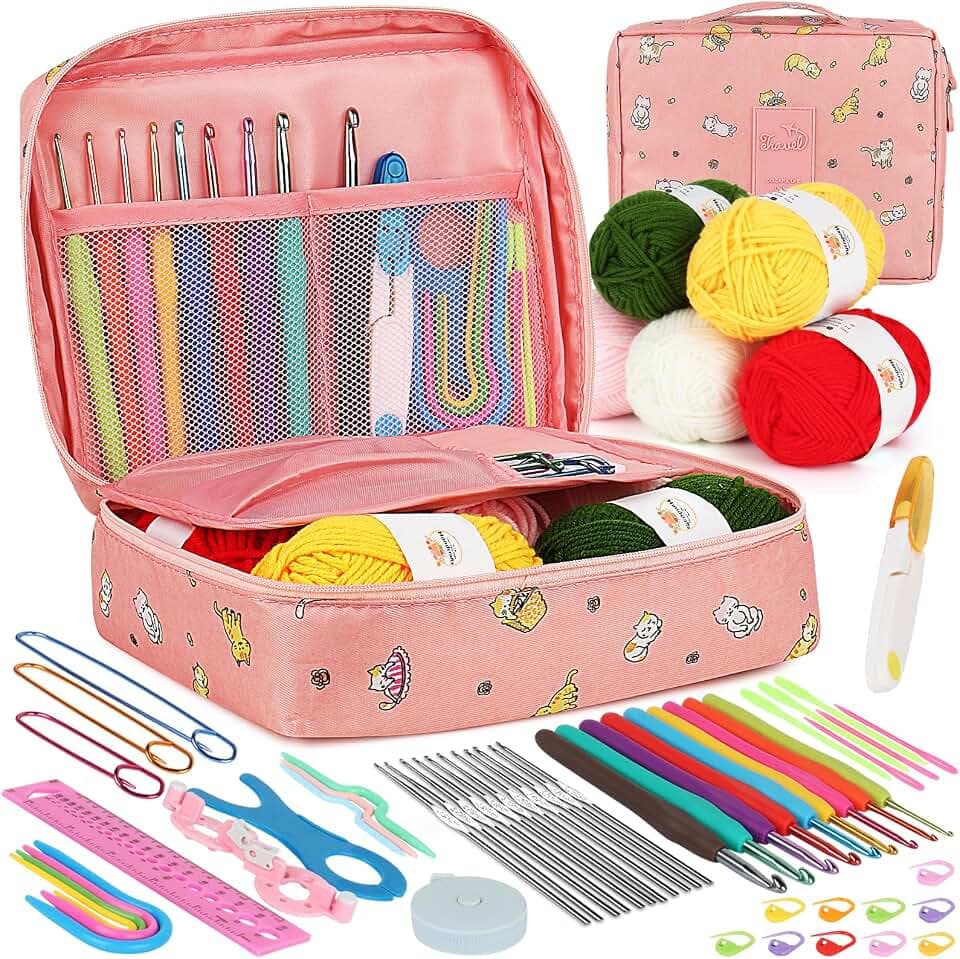 Aeelike 59 Stück Häkelnadel Set Rosa Katze Häkelset für Anfänger | Bunte Häkelnadeln mit Weichem Griff für Häkelgarn, 0,6 mm - 6,0 mm Ergonomische Häkelnadeln Set mit Häkeltasche, Zubehör