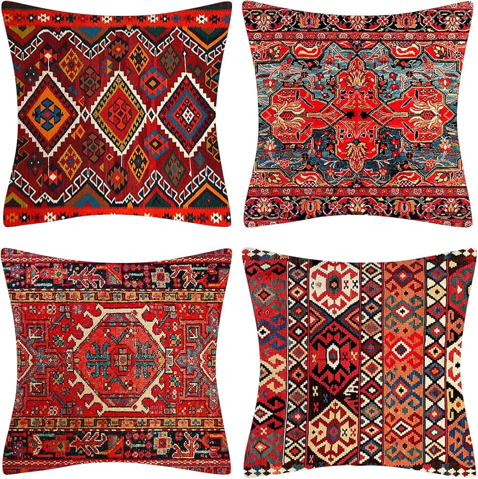 Dekorative Kissenbezüge 40 x 40 cm 4er Set Stammes-Abstraktes Rot Orientalisch Kissenbezug Teppich Muster Kissen Dekokissen Böhmischen Kissenhüllen Leinenkissen Sofa Deko