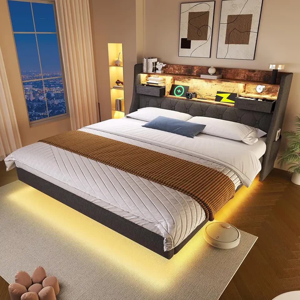 Ball & Cast Bettgestell (180x200 cm), Schwebebett mit Beleuchtung und Ladestation, Kopfteil mit Schublade & Seitentaschen, Leinen, Grau, Ohne Matratze