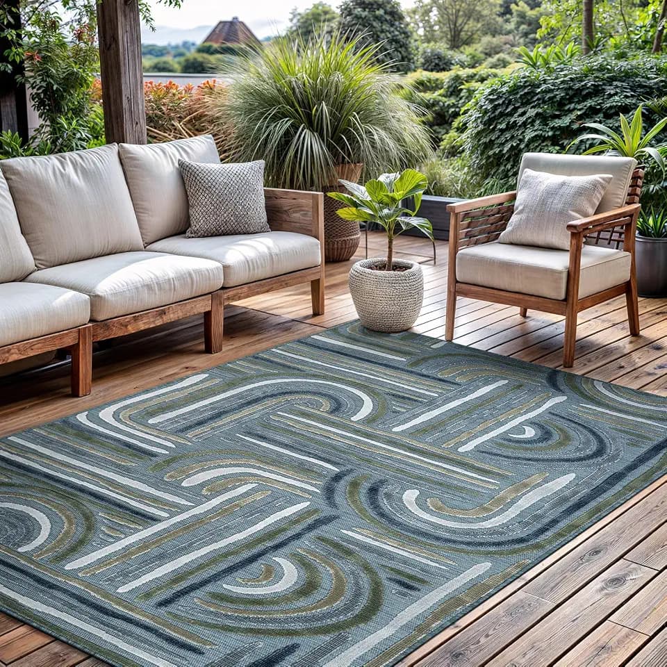 CAMILSON Indoor Outdoor Rug, Aqua 8x10 Geometric Arch Striped Area Rugs for Patio and Home Areas, Easy-Cleaning Non-Shedding Living Room, Garden and Deck Washable Outside Carpet (8 x 10)