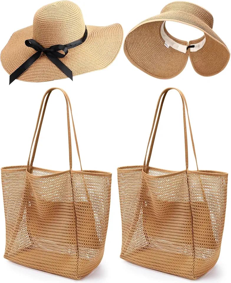 4 Pcs Beach Vacation Essentials Beach Hat and Bag Set for Women